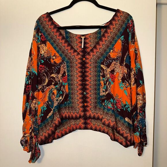 Free People Catch Me If You Can Boho Oversized Top Tie Sleeve Small EUC - Picture 1 of 11